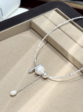 2026新款s925纯银碎银天然珍珠流苏银条棉花珍珠项链女小众锁骨链