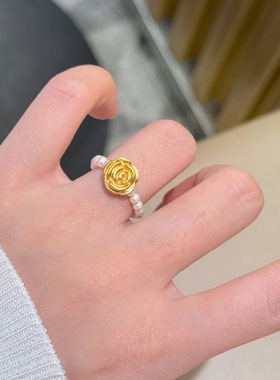 25新款纯银玫瑰花拼施家珍珠弹力指环女小众精致百搭通勤风食指戒