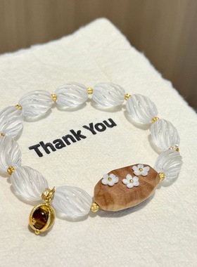 25新款925银天然白水晶猛犸傲梅虎眼石吊坠老山檀木手串女高级