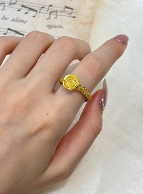 3D硬银99银玫瑰花戒指女花朵小众转运珠手工编制指环
