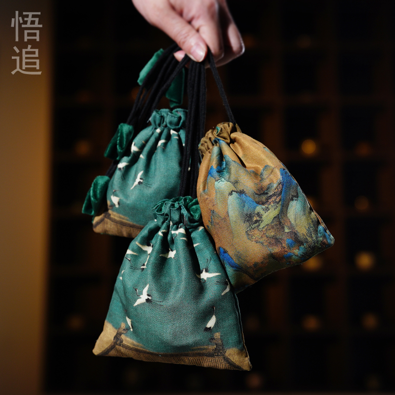 悟追古画锦囊双层收纳袋高档文玩布袋束口抽绳珠宝首饰茶杯小袋子,淘宝优惠券,粉丝福利购,淘宝优惠卷