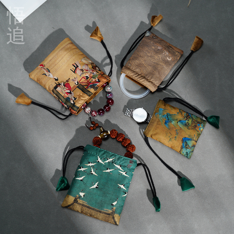 悟追古画锦囊双层收纳袋高档文玩布袋束口抽绳珠宝首饰茶杯小袋子,淘宝优惠券,粉丝福利购,淘宝优惠卷