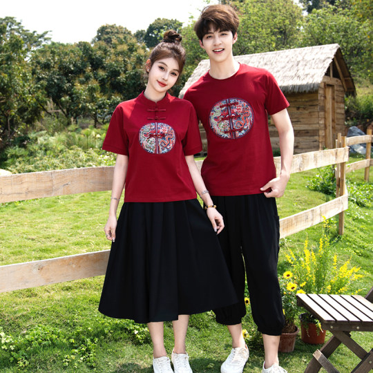 高端亲子装夏季汉服中国风红色T恤潮 一家三四口家庭套装母女裙子