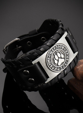 Temu热卖熊掌编织pu皮革手环欧美朋克风北极熊动物造型手链男