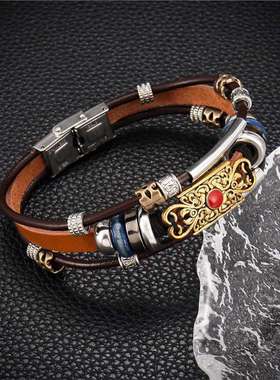 少数民族新疆手工编织复古皮手环合金黑胆石串珠手链复古镶嵌宝石