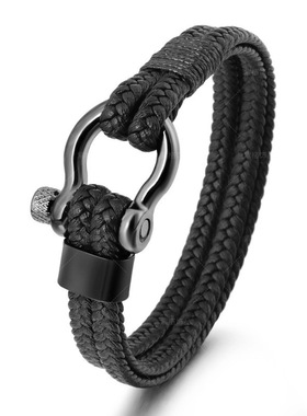 手链男士配饰复古饰品欧美手镯Temu热卖跨境皮绳编织马蹄扣合金