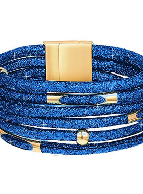 欧美跨境爆款合金亮粉磁铁扣皮革手链 穿珠皮绳手环铜管手镯饰品