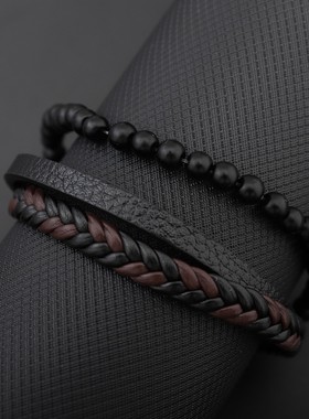 Temu热卖跨境天然石火山石皮手链多层男士皮革编织手镯