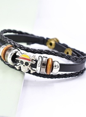 Temu热卖欧美流行动漫周边海贼王款皮革学生锌合金路飞皮手链