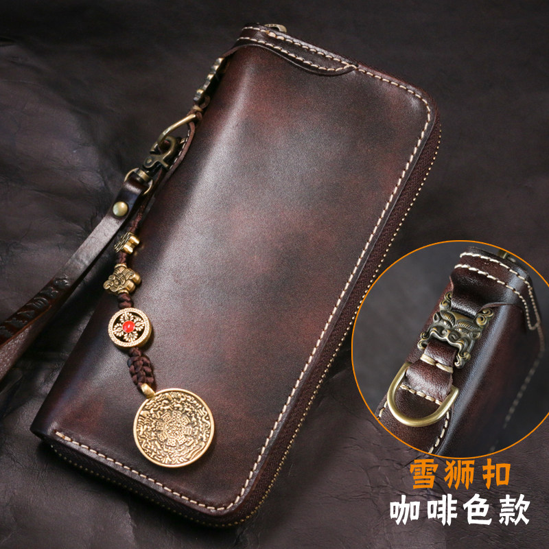 爱皮艺牛皮手工复古钱包男财布植鞣革男士钱夹手机拉链包长款手包,淘宝优惠券,粉丝福利购,淘宝优惠卷