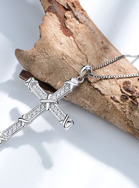保真S925纯银加大十字架吊坠男女情侣镶钻锆石项链银饰生日礼品