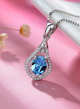 纯银奥地利蓝水晶水滴形项链吊坠
