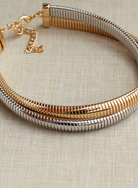 欧美时尚个性简约金属风金银双色拼接叠搭弹簧形项圈项链摇滚风