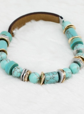 四色串珠金属片真皮休闲个性手链女欧美饰品配饰百搭