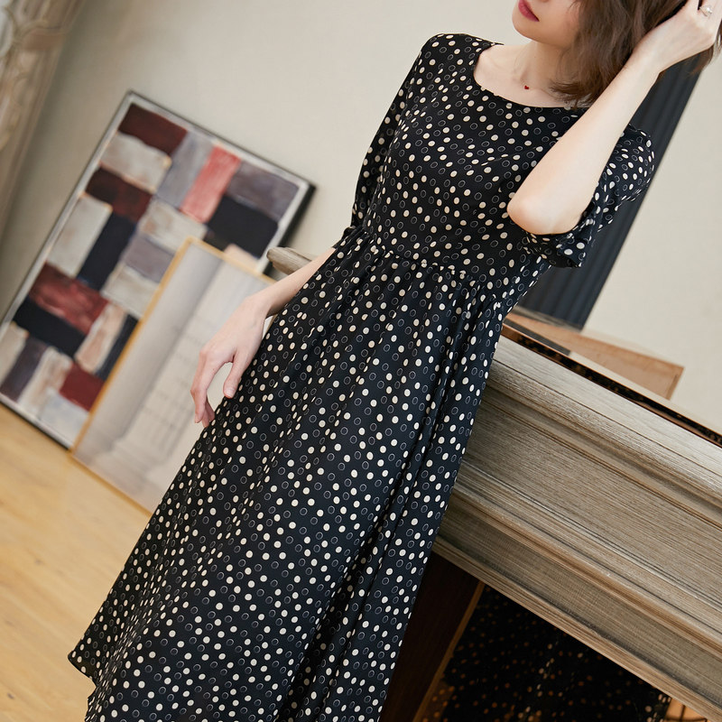 名人瑞裳2019夏季新款波点黑色雪纺 名人瑞裳连衣裙