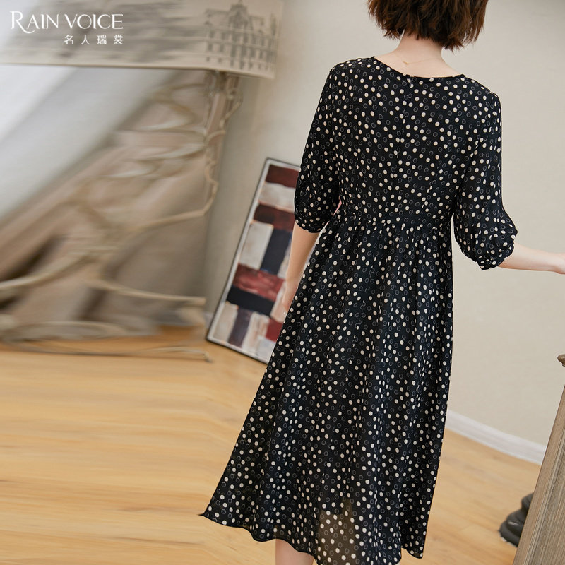 名人瑞裳2019夏季新款波点黑色雪纺 名人瑞裳连衣裙