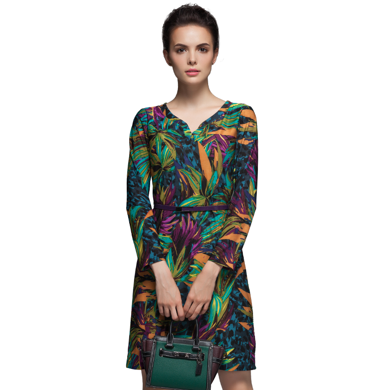 名人瑞裳v领长袖印花连衣裙 名人瑞裳连衣裙