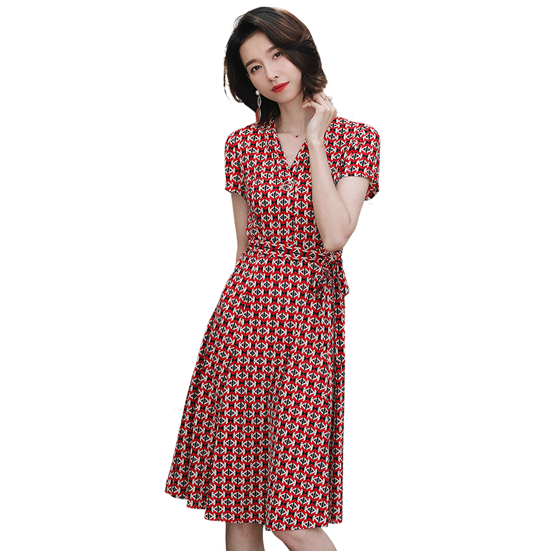 名人瑞裳2018夏季新款v领印花裙子 名人瑞裳连衣裙