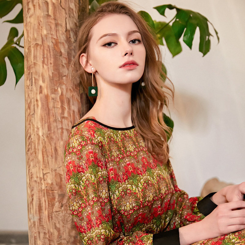 2018春季新款名人瑞裳ins雪纺长裙 名人瑞裳连衣裙