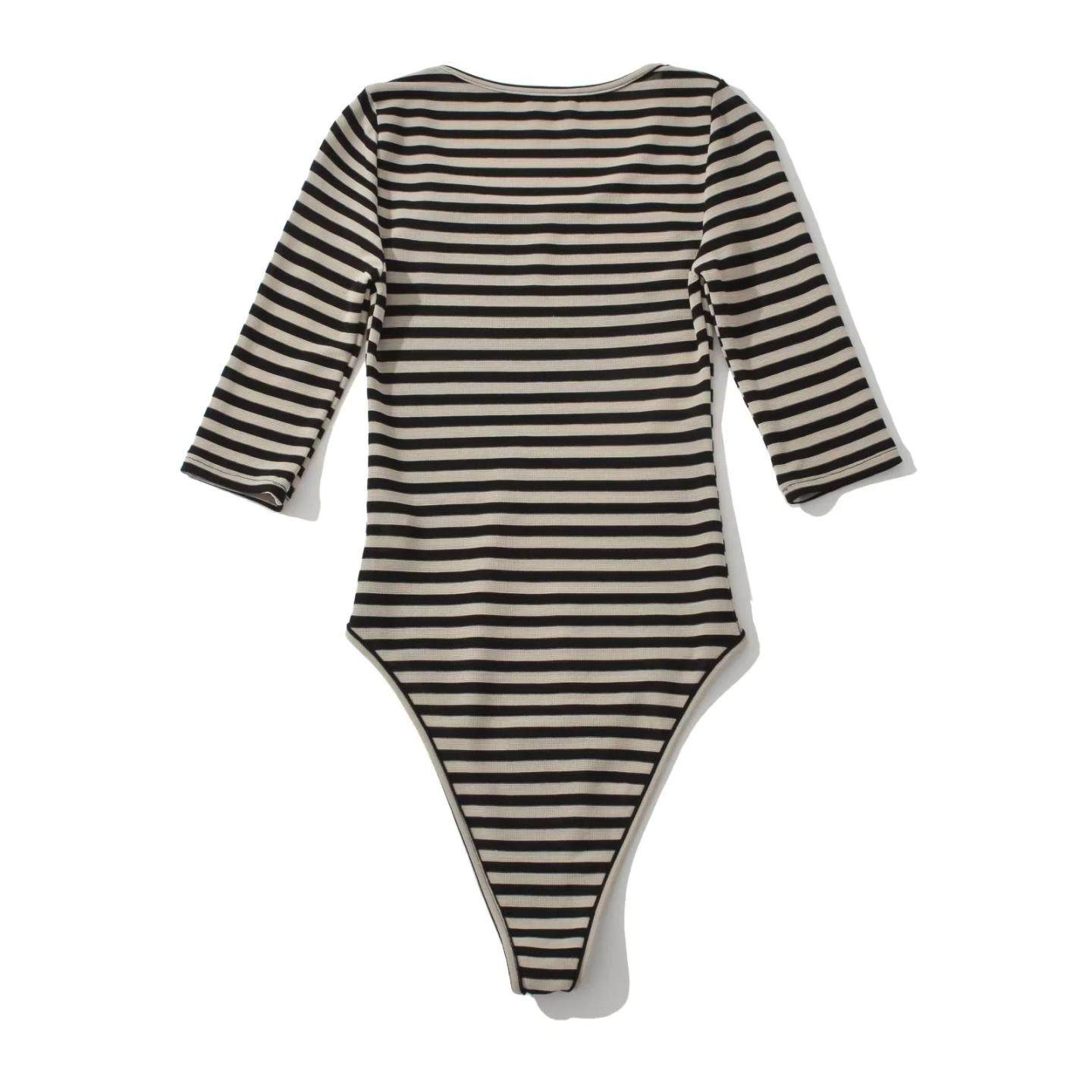 欧美风性感大圆领条纹中袖上衣连体打底衫女秋内搭显瘦五分袖T恤,淘宝优惠券,粉丝福利购,淘宝优惠卷