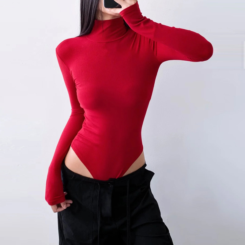 欧美时尚大码连体长袖女T恤弹力修身高领螺纹棉打底连身连裆上衣,淘宝优惠券,粉丝福利购,淘宝优惠卷