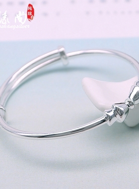 S999足银甜美蝴蝶结光面磨砂银手镯 女生纯银时尚推拉手镯送女友