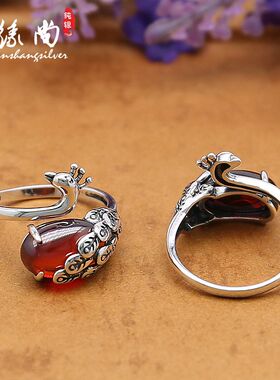 纯银戒子红石榴石S925妖媚孔雀