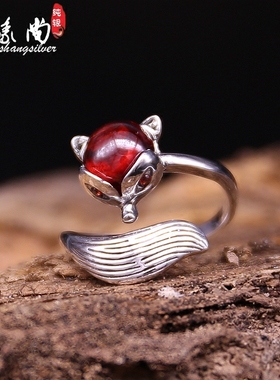s925纯银戒子红石榴石女小狐狸