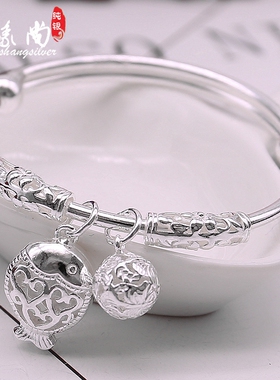 S990银手镯女光面实心铃铛简约带小鱼吊坠推拉银镯子个性银饰手环