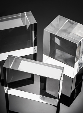 透明玻璃长方体正方体水晶照片方块内雕财神摆件化妆品展示架底座