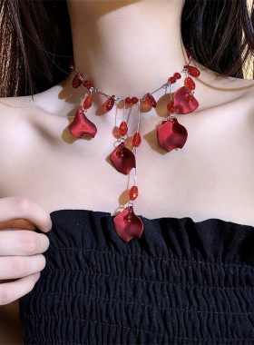 树脂锁骨链女性红色串珠水滴项链