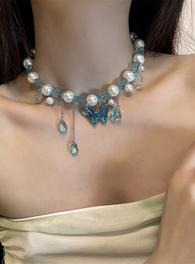 合金圆珠链女性蓝色蝴蝶水滴项链