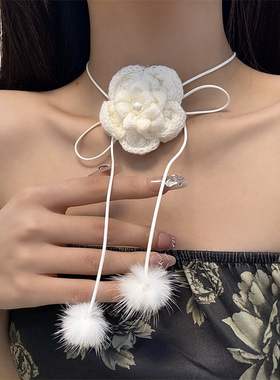 布料肖邦链女性珍珠毛线花朵项链