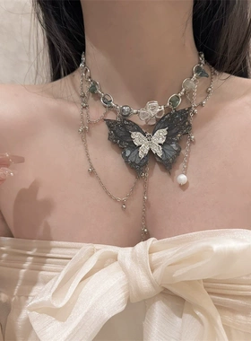 蓝色蝴蝶多层流苏项链小众设计感颈链气质百搭锁骨链