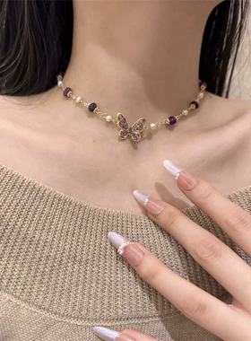 紫色蝴蝶项链女水晶轻奢小众设计感网红满天星锁骨链