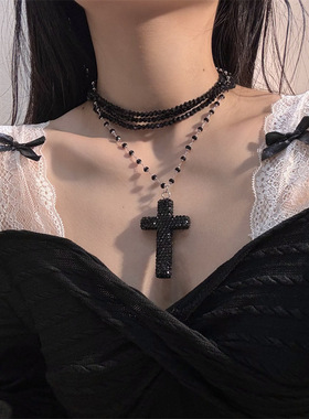 合金锁骨链女性黑色多层闪钻项链