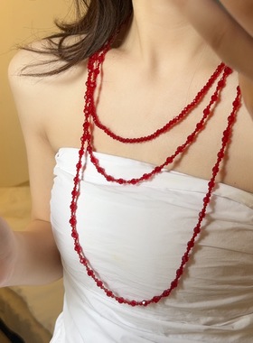 多层红色水晶长款叠戴项链y2k辣妹风锁骨链颈链