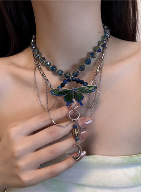 合金麻花链女性串珠流苏蝴蝶项链