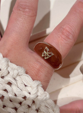 女性亚克力甜美蝴蝶玳瑁色戒指