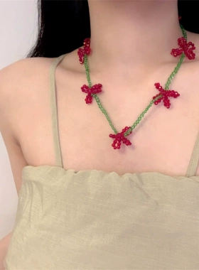 立体红色花朵绿色水晶珠项链甜美锁骨链cooker颈链多种戴法