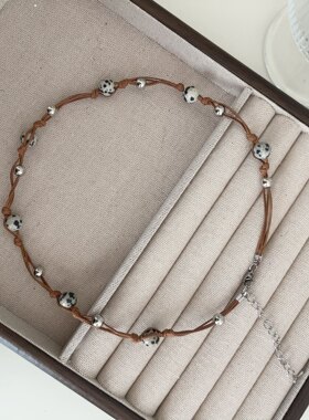 韩国东大门新款黑色编织绳串珠项链女小众叠戴锁骨链