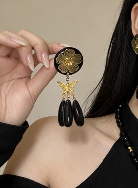 新中式花朵蝴蝶水滴流苏黑色串珠项链耳环法式重工时尚饰品