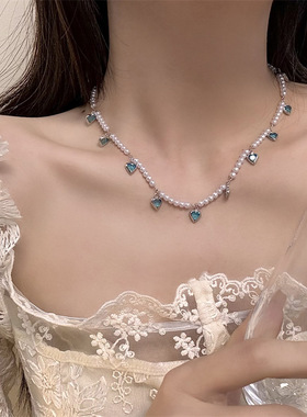 合金圆珠链女性蓝色爱心珍珠项链