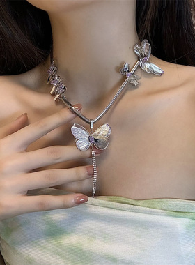 合金锁骨链女性蝴蝶串珠水晶项链