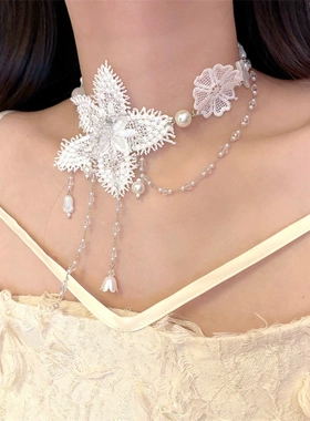 纯欲风白色蕾丝花朵流苏项链复古宫廷风珍珠颈带甜美锁骨链