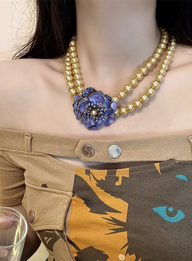 合金锁骨链女性双层镶钻花朵项链