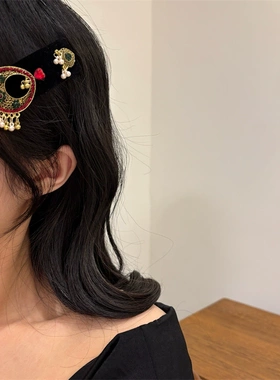 红色丝绒中式民族风流苏发夹订婚礼服新年发卡发饰