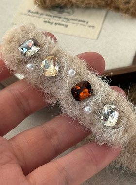 秋冬原版高级感咖色灰色毛呢锆石掰掰夹 蝴蝶结珍珠鸭嘴夹发夹