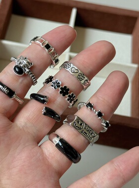 欧美ins风黑色系甜酷中性哥特风复古做旧银色锆石开口可调节戒指