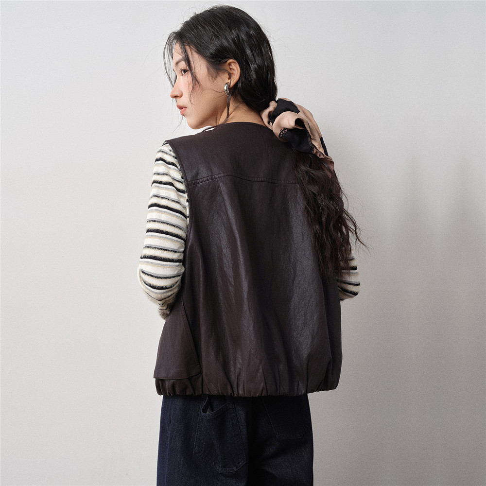 设计师款佐丹奴无袖皮衣背心女装新款圆领仿皮质马甲外套18375522,淘宝优惠券,粉丝福利购,淘宝优惠卷